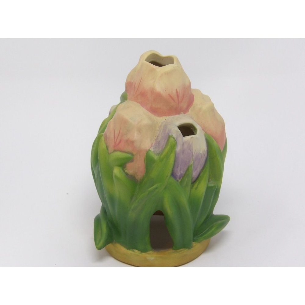 Vintage Floral Frog Floral Bouquet Shaped 4 3/4" H x 3 1/2" W Pink & Purple Flow
